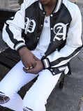 Satin color blocked embroidered boxing jacket in black and white by profound aesthetic