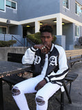 Satin color blocked embroidered boxing jacket in black and white by profound aesthetic