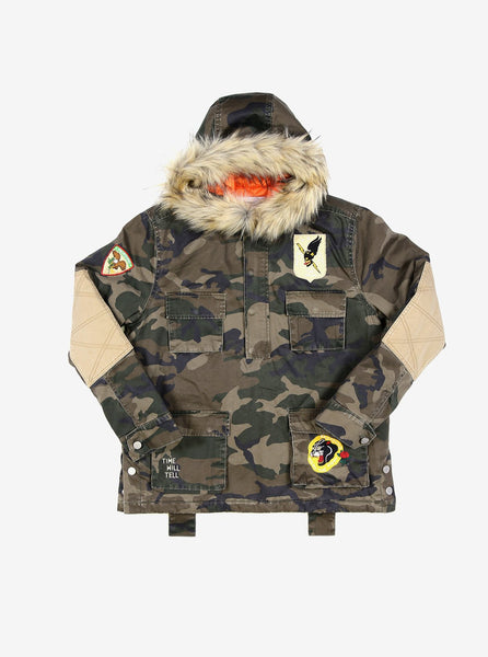 camo pull over half zip fur hood