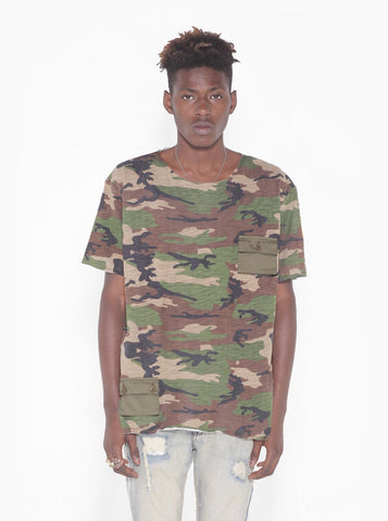 cotton slub raw cut faded woodland camo cargo pocket tee shirt by profound aesthetic 