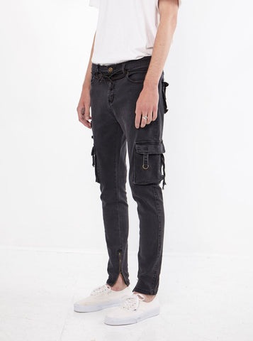 Faded black wash d ring cargo pocket skinny fit denim jeans by profound aesthetic