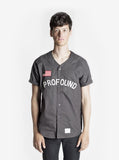 Front view of Button-Down Baseball Jersey in Charcoal on model