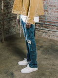 Dark Blue washed distressed denim destroyed skinny fit jeans by profound aesthetic