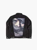 Vintage wash distressed black denim jacket with back cotton panel patch called eye gaze by profound aesthetic