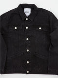 Vintage wash distressed black denim jacket with back cotton panel patch called eye gaze by profound aesthetic