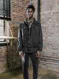 Vintage wash distressed black denim jacket with back cotton floral panel patch called still life by profound aesthetic