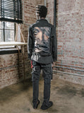 Vintage wash distressed black denim jacket with back cotton panel patch called eye gaze by profound aesthetic