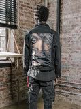 Vintage wash distressed black denim jacket with back cotton panel patch called eye gaze by profound aesthetic