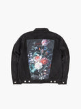 Vintage wash distressed black denim jacket with back cotton floral panel patch called still life by profound aesthetic