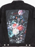 Vintage wash distressed black denim jacket with back cotton floral panel patch called still life by profound aesthetic