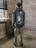 Vintage wash distressed black denim jacket with back cotton floral panel patch called still life by profound aesthetic