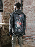 Vintage wash distressed black denim jacket with back cotton floral panel patch called still life by profound aesthetic