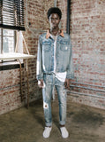 Vintage wash blue denim jacket with back cotton panel patch of birds and floral called song of birds by profound aesthetic
