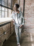 Vintage wash blue denim jacket with back cotton panel patch of birds and floral called song of birds by profound aesthetic