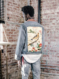 Vintage wash blue denim jacket with back cotton panel patch of birds and floral called song of birds by profound aesthetic