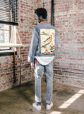 Vintage wash blue denim jacket with back cotton panel patch of birds and floral called song of birds by profound aesthetic