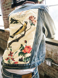 Vintage wash blue denim jacket with back cotton panel patch of birds and floral called song of birds by profound aesthetic
