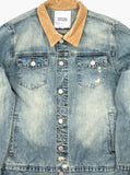 Vintage wash blue denim jacket with back cotton panel patch of birds and floral called song of birds by profound aesthetic