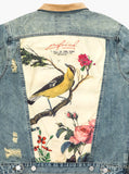 Vintage wash blue denim jacket with back cotton panel patch of birds and floral called song of birds by profound aesthetic