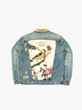 Vintage wash blue denim jacket with back cotton panel patch of birds and floral called song of birds by profound aesthetic