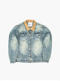 Vintage wash blue denim jacket with back cotton panel patch of birds and floral called song of birds by profound aesthetic