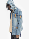Hoodie shot of Vintage Wash Denim Jacket w/ Genuine Leather on a model