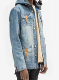 Side angle view of Vintage Wash Denim Jacket w/ Genuine Leather on model