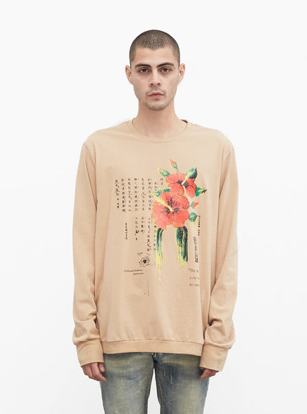 Dripping Hibiscus Calligraphy Printed Graphic Long Sleeve Crewneck Tee in Light Camel