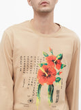 Dripping Hibiscus Calligraphy Printed Graphic Long Sleeve Crewneck Tee in Light Camel