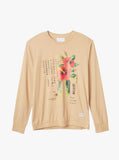 Dripping Hibiscus Calligraphy Printed Graphic Long Sleeve Crewneck Tee in Light Camel