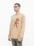 Dripping Hibiscus Calligraphy Printed Graphic Long Sleeve Crewneck Tee in Light Camel