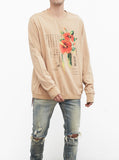 Dripping Hibiscus Calligraphy Printed Graphic Long Sleeve Crewneck Tee in Light Camel