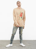 Dripping Hibiscus Calligraphy Printed Graphic Long Sleeve Crewneck Tee in Light Camel