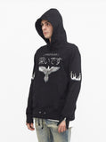 Embroidered Eagle Pullover Flame Hoodie in Black