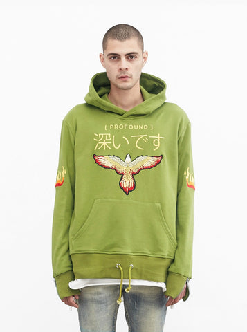 Embroidered Eagle Pullover Flame Hoodie in Burnt Green