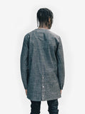 Back view of Elongated Pocket Heathered Baseball Shirt in Charcoal on model