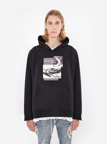 black french terry pullover hooded sweatshirt printed only enemy is time graphic hoodie by profound aesthetic