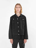 Vintage wash distressed black denim jacket with back cotton panel patch called eye gaze by profound aesthetic