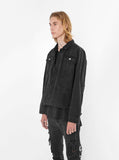 Vintage wash distressed black denim jacket with back cotton panel patch called eye gaze by profound aesthetic