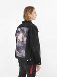 Vintage wash distressed black denim jacket with back cotton panel patch called eye gaze by profound aesthetic