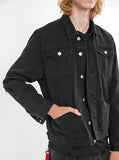 Vintage wash distressed black denim jacket with back cotton panel patch called eye gaze by profound aesthetic