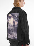 Vintage wash distressed black denim jacket with back cotton panel patch called eye gaze by profound aesthetic