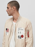 nylon light cream aeronautics flight jacket with cotton printed patchwork by profound aesthetic