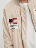 nylon light cream aeronautics flight jacket with cotton printed patchwork by profound aesthetic