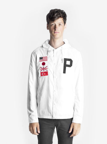 Front view of Four Flag Worldwide Hooded Windbreaker Coach Jacket in White on model.
