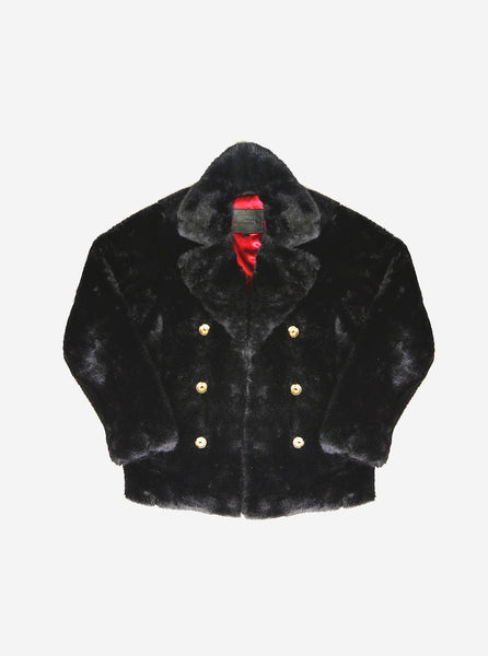 Double Breasted Cropped Faux Fur Coat in Deep Black