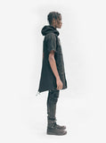 Black on black outfit. Full side view of Half-Sleeve Military Parka in Black on model