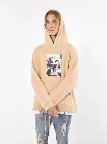 khaki tan french terry pullover hooded sweatshirt printed human nature graphic hoodie by profound aesthetic