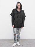 Linen Double-Layer Hooded Pullover in Black