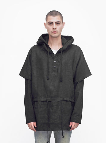 Linen Double-Layer Hooded Pullover in Black